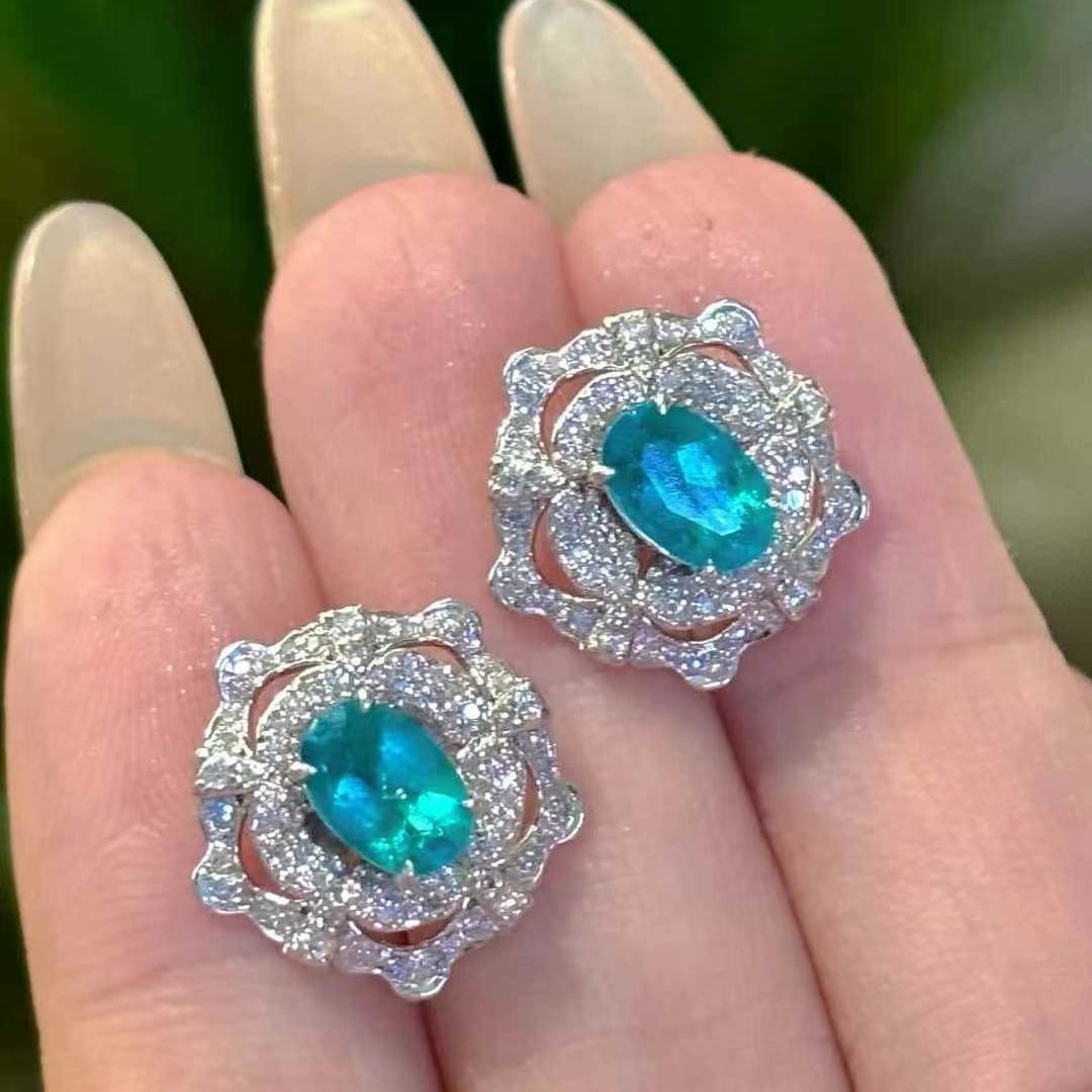 14k Gold 1.26 Ct Natural Paraiba Tourmaline & Diamond Earrings - 2