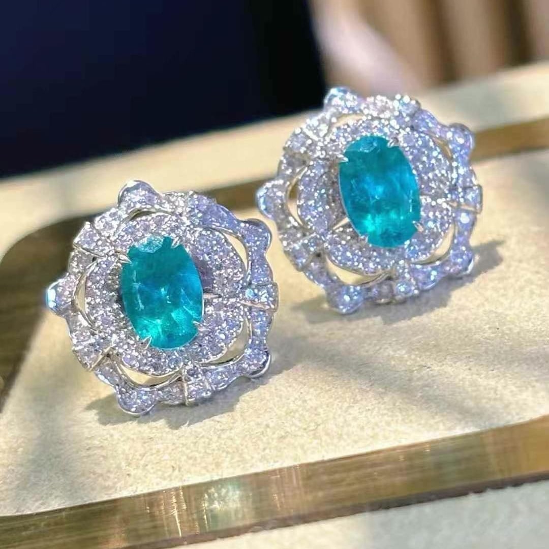 14k Gold 1.26 Ct Natural Paraiba Tourmaline & Diamond Earrings - 4