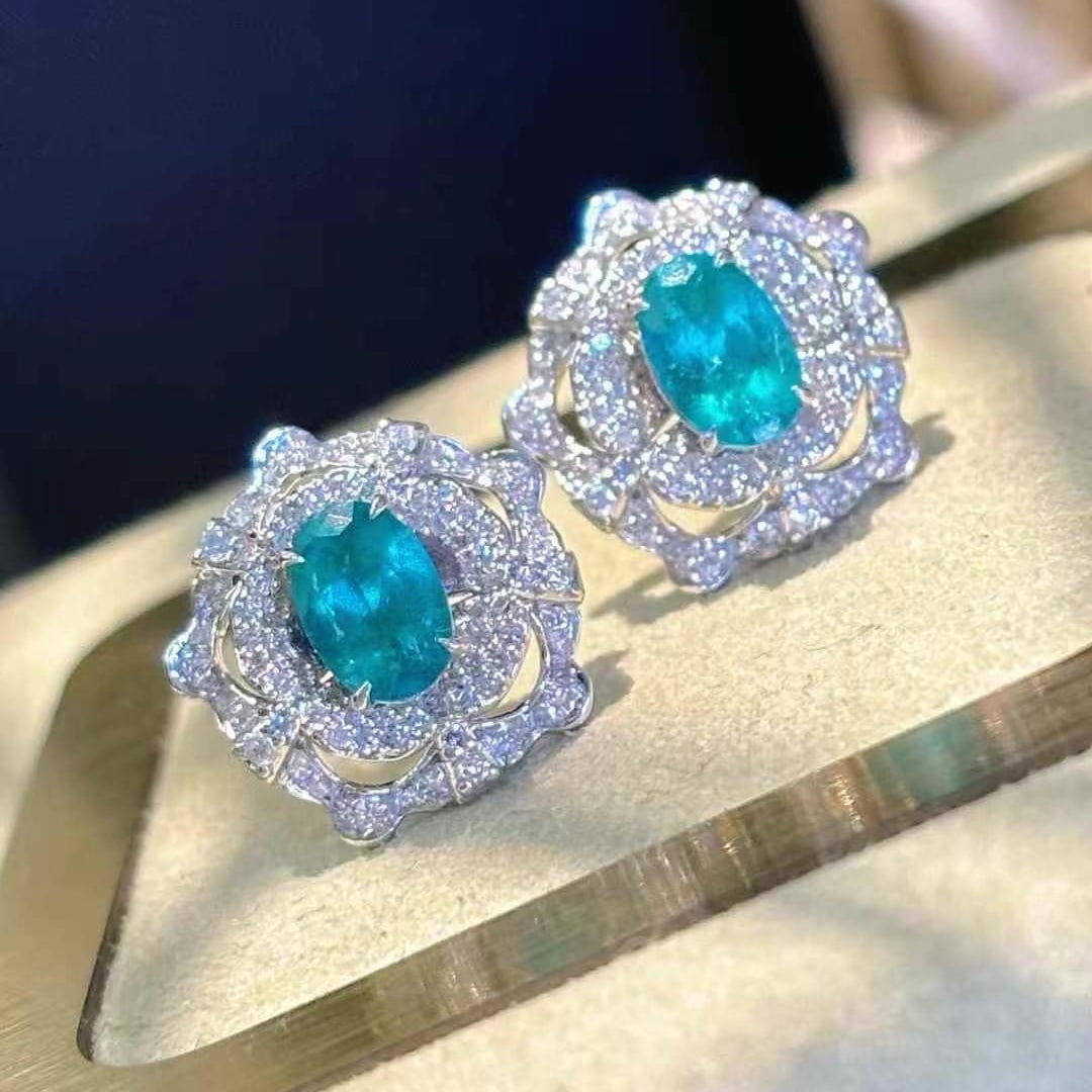 14k Gold 1.26 Ct Natural Paraiba Tourmaline & Diamond Earrings - 5