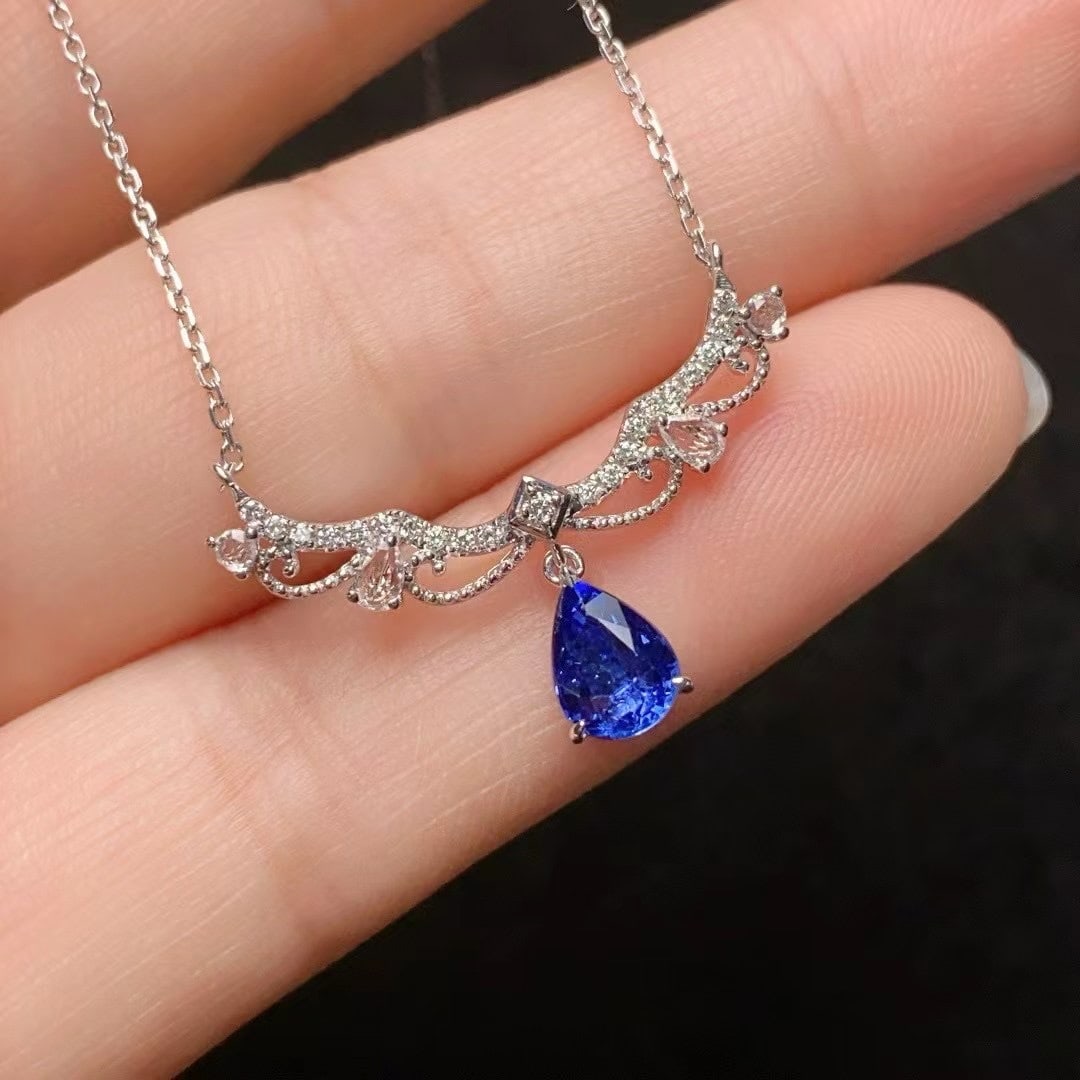 14k Gold 1.18 Ct Natural Sapphire & Diamond & Sapphire Necklace - 2