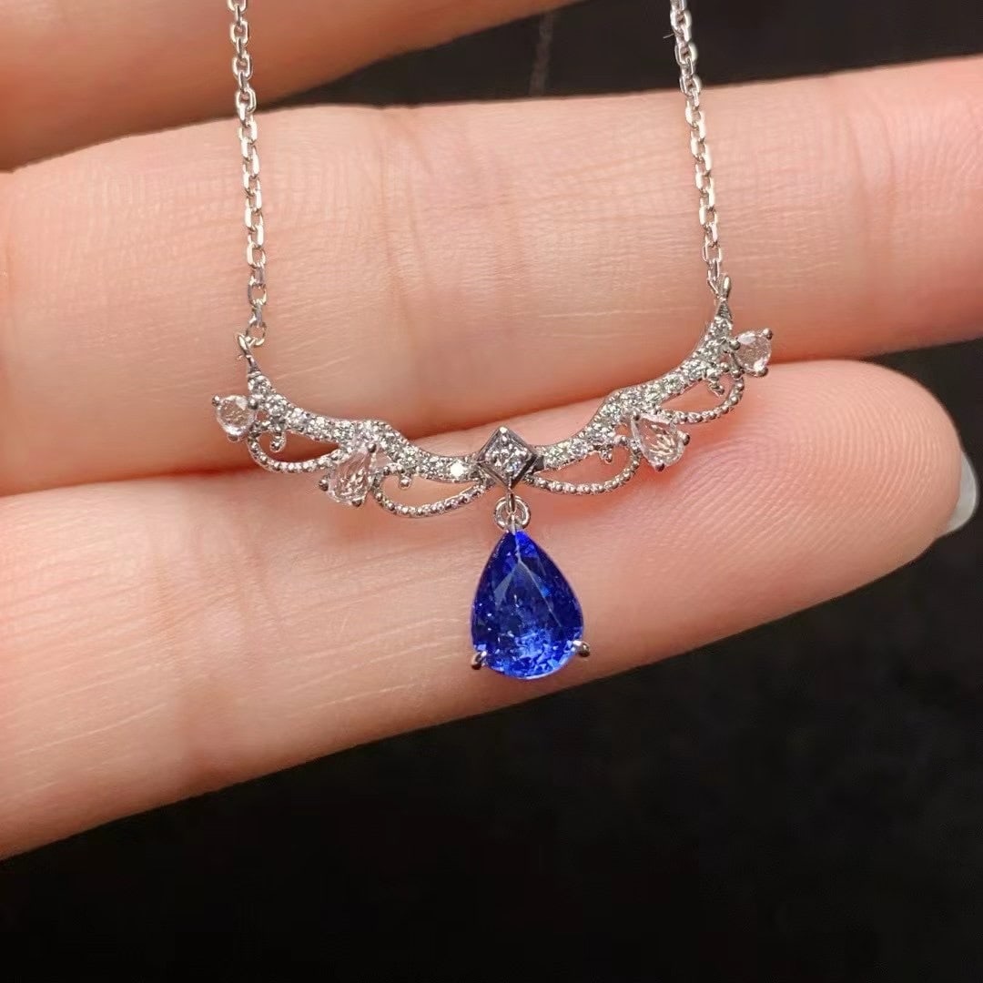 14k Gold 1.18 Ct Natural Sapphire & Diamond & Sapphire Necklace - 3