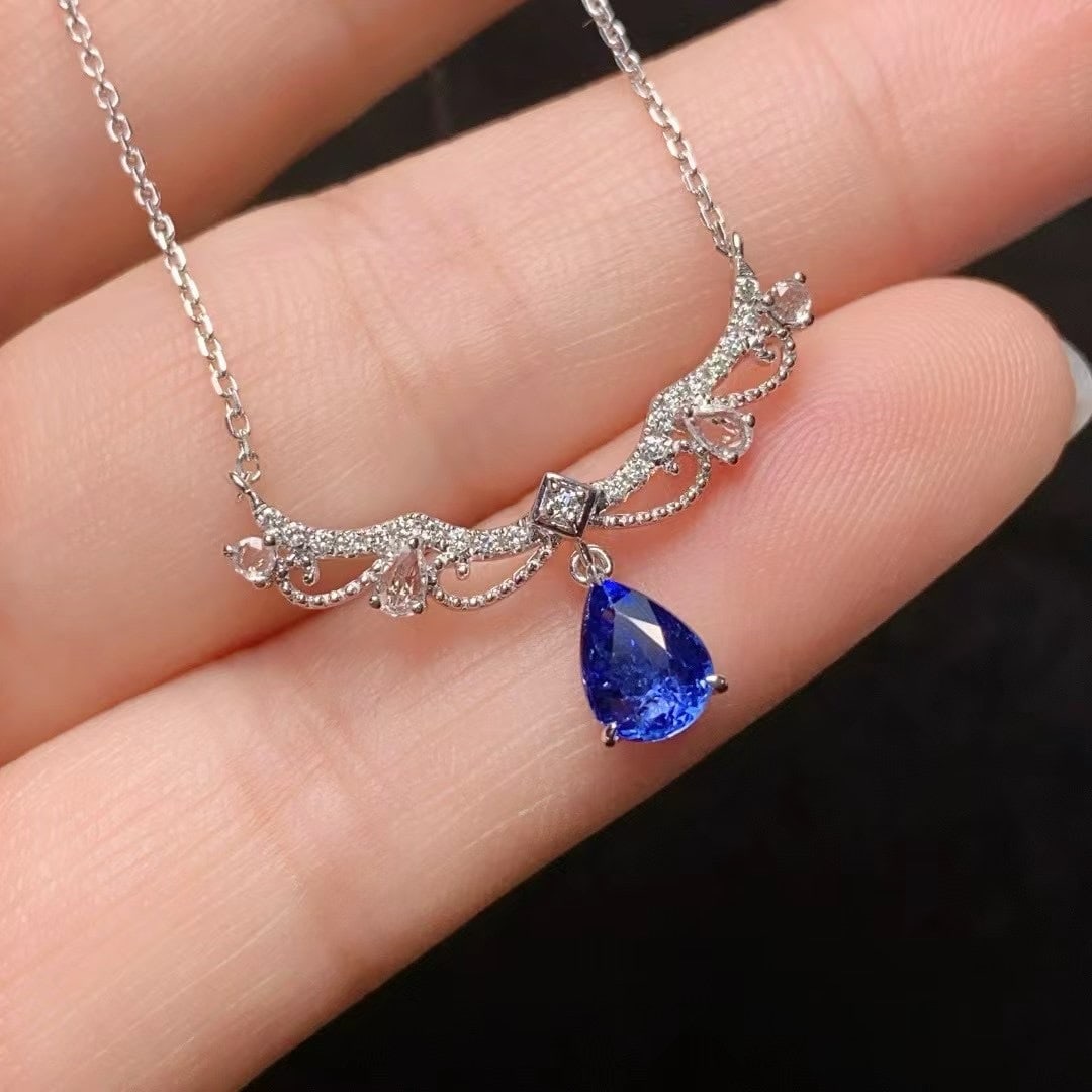 14k Gold 1.18 Ct Natural Sapphire & Diamond & Sapphire Necklace - 4