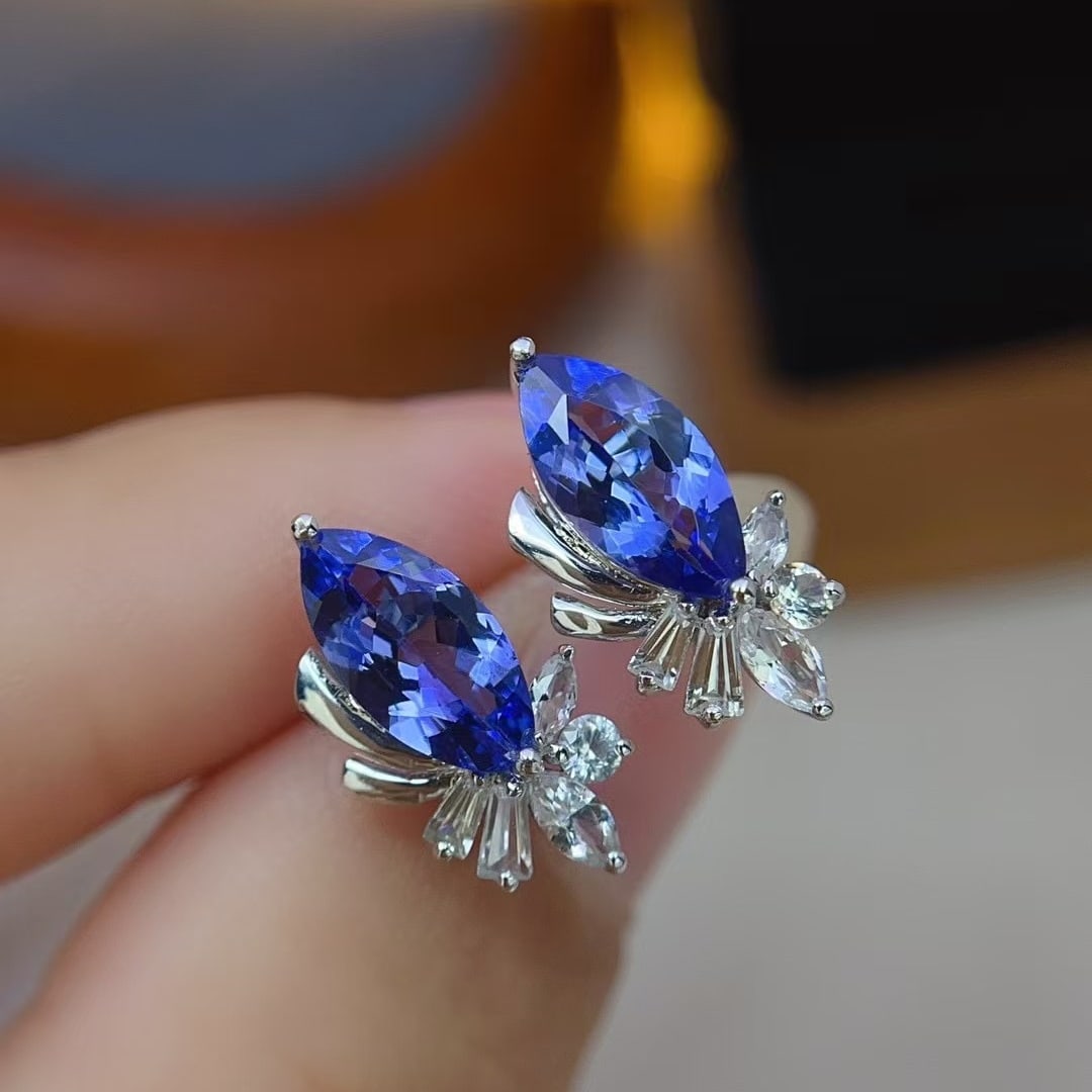 14k Gold 2.24 Ct Natural Tanzanite & Sapphire Earrings - 2