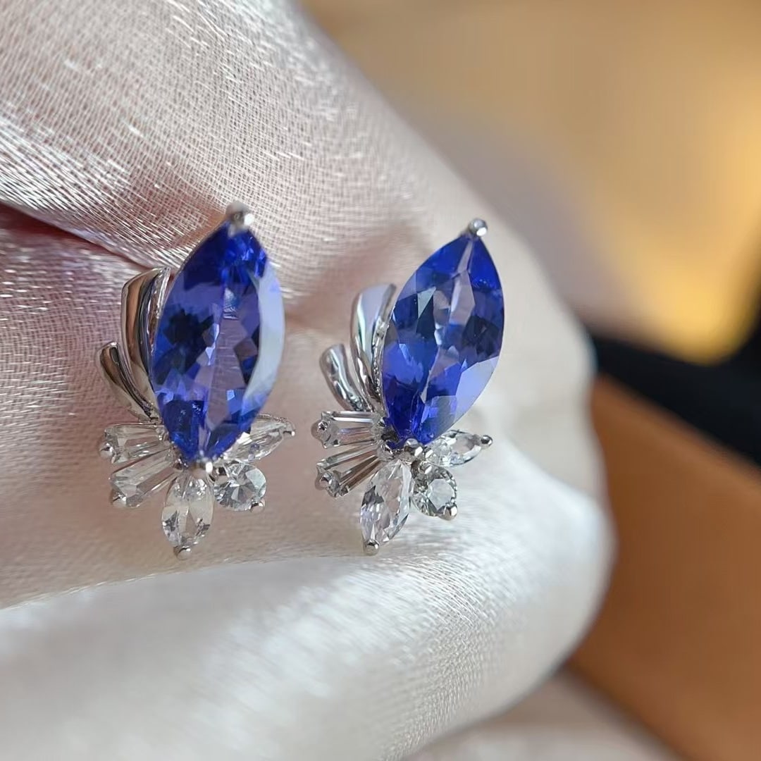 14k Gold 2.24 Ct Natural Tanzanite & Sapphire Earrings - 5