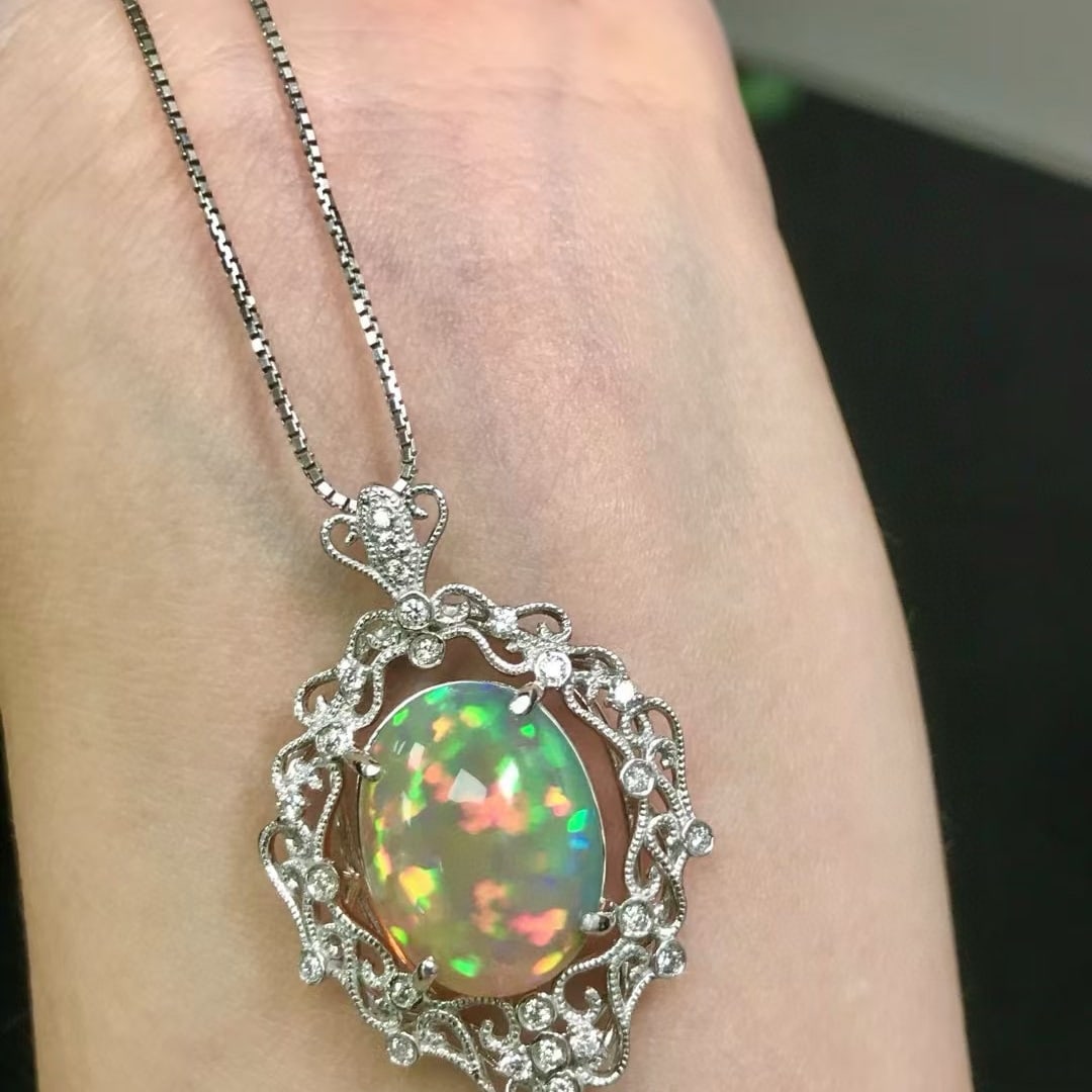 14k Gold 7.37 Ctw Natural Opal & Diamond Pendant( Without Chain ) - 2