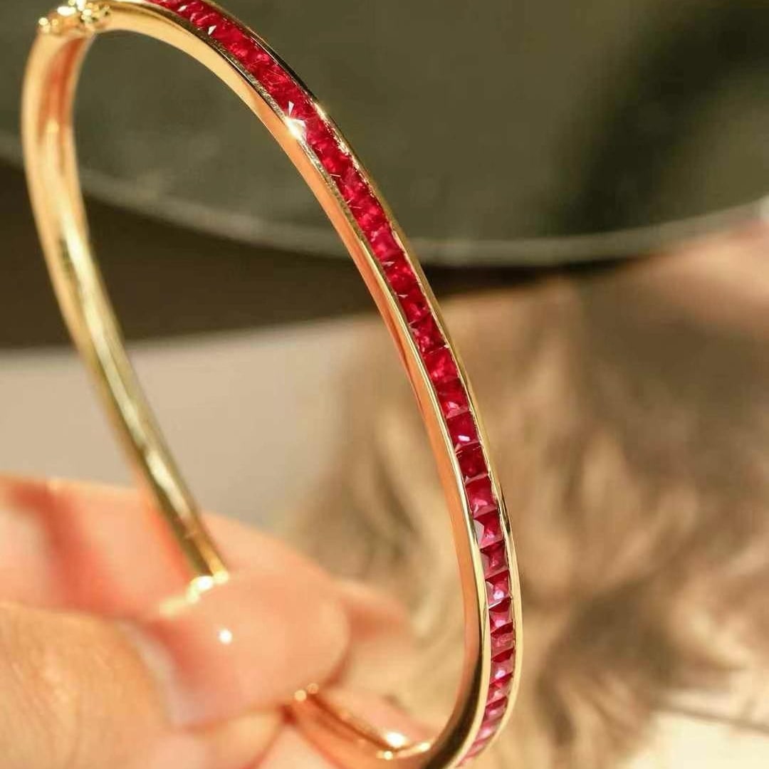 14k Gold 2.87 Ct Natural Ruby Bangle - 7