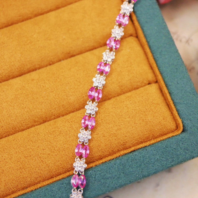 14k Gold 6.00 Ctw Natural Padparadscha Sapphire & Diamond Bracelet - 2