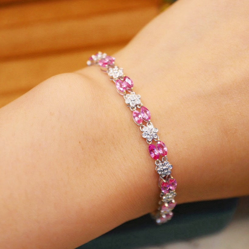 14k Gold 6.00 Ctw Natural Padparadscha Sapphire & Diamond Bracelet - 4