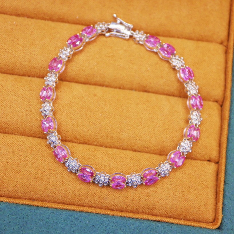14k Gold 6.00 Ctw Natural Padparadscha Sapphire & Diamond Bracelet - 5