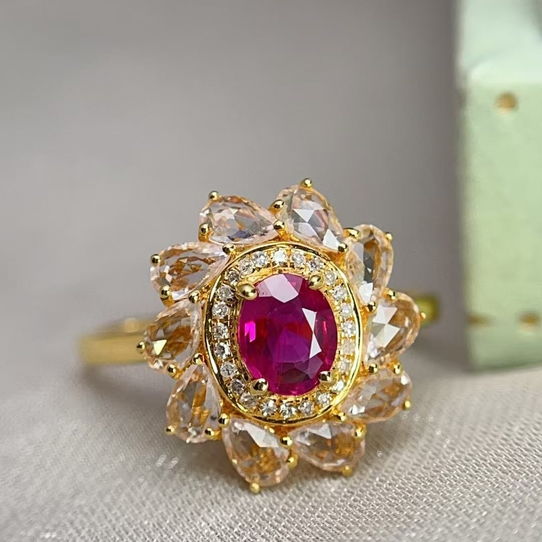 14k Gold 0.82 Ct Natural Ruby & Diamond & Sapphire Ring: Ref:231000239 // gold content:14k gold // ring size:7. 25us // // main gemstone:ruby // shape:oval // carat weight:0. 82ct // color:red // treatment:natural // // adjacent gemstone 2 : diamond //