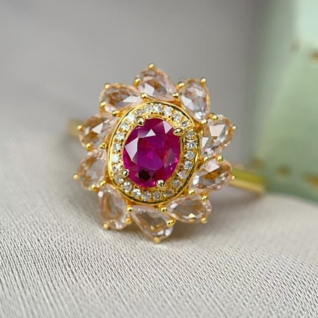 14k Gold 0.82 Ct Natural Ruby & Diamond & Sapphire Ring - 2