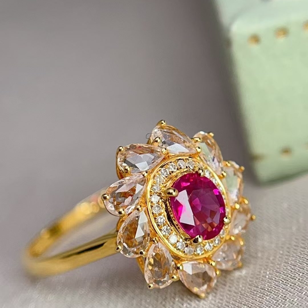 14k Gold 0.82 Ct Natural Ruby & Diamond & Sapphire Ring - 3