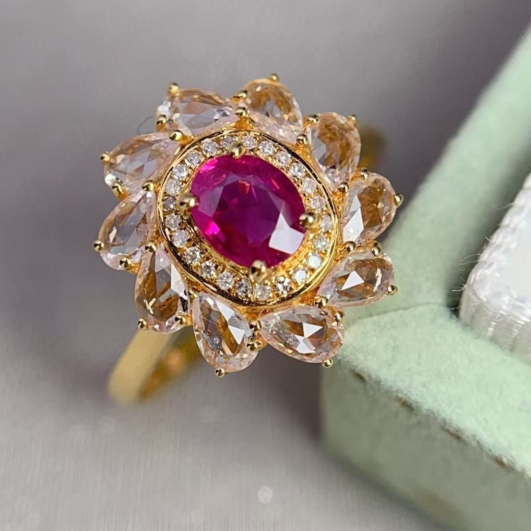 14k Gold 0.82 Ct Natural Ruby & Diamond & Sapphire Ring - 4