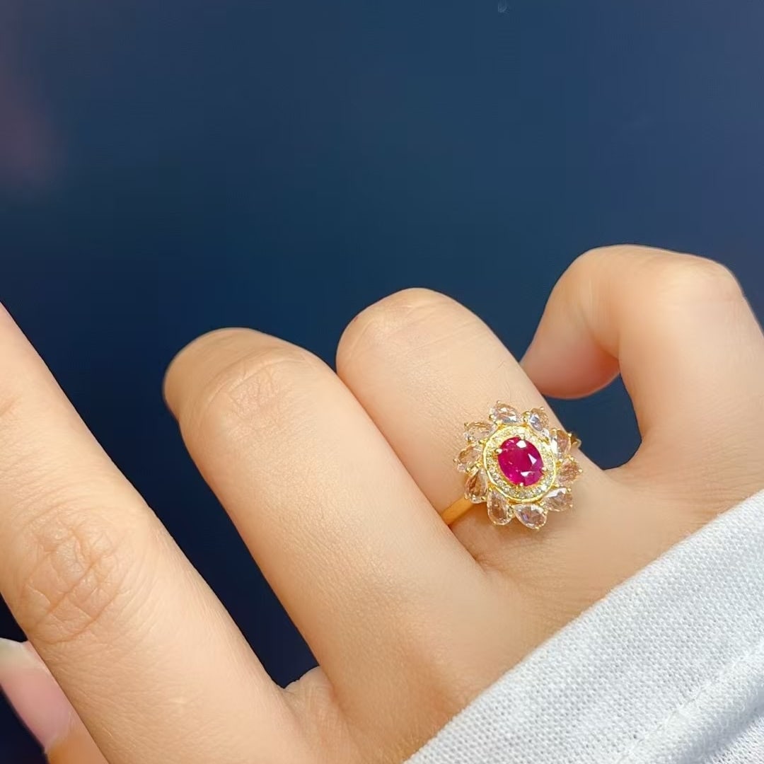 14k Gold 0.82 Ct Natural Ruby & Diamond & Sapphire Ring - 5