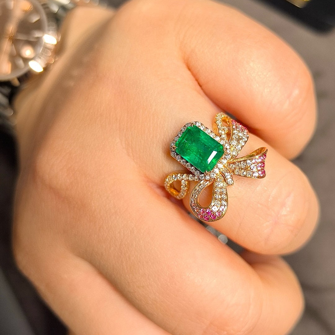 14k Gold 2.66 Ctw Vivid Green Natural Emerald & Diamond Ring - 8