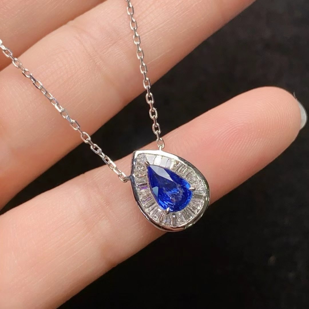 14k Gold 1 Ct Natural Sapphire & Diamond Necklace - 2