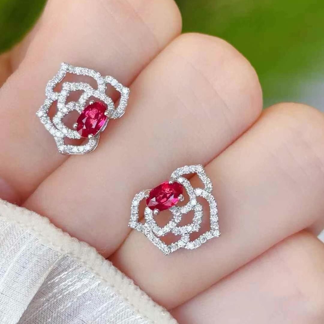 14k Gold 0.6 Ct Natural Ruby & Diamond Earrings - 2