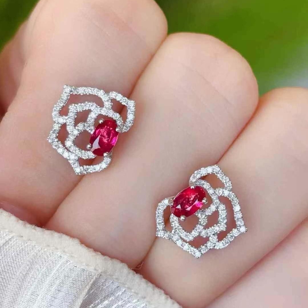 14k Gold 0.6 Ct Natural Ruby & Diamond Earrings - 4