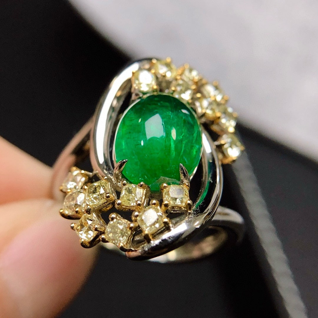14k Gold 3.81 Ctw Vivid Green Natural Emerald & Yellow Diamond Ring - 3