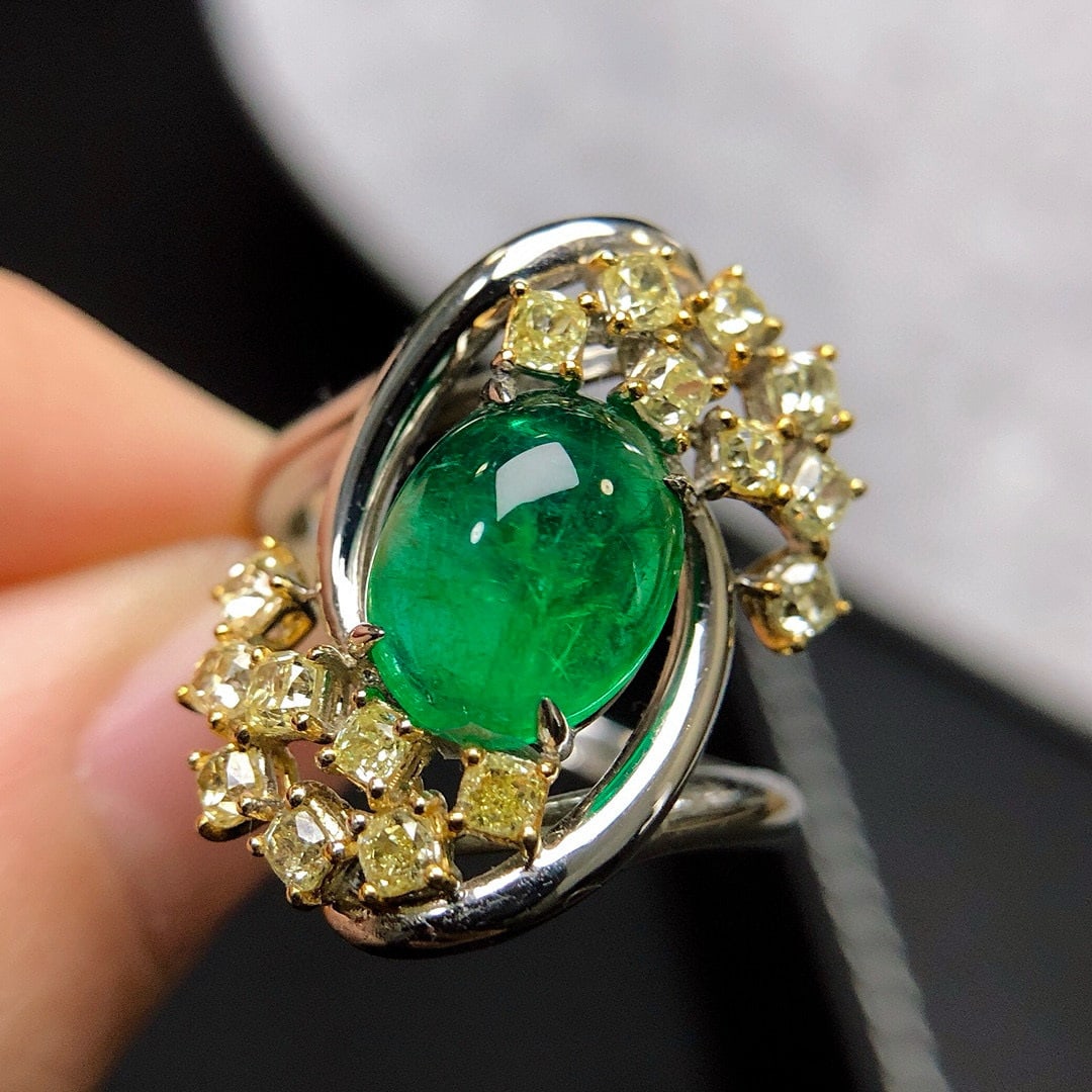 14k Gold 3.81 Ctw Vivid Green Natural Emerald & Yellow Diamond Ring - 6