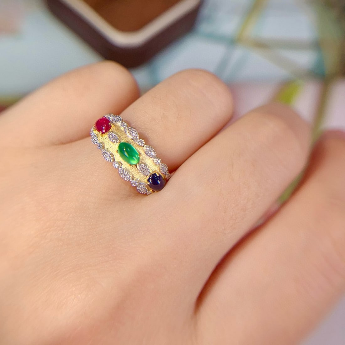 14k Gold 1.4 Ctw Natural Emerald & Ruby & Sapphire & Diamond Ring - 3