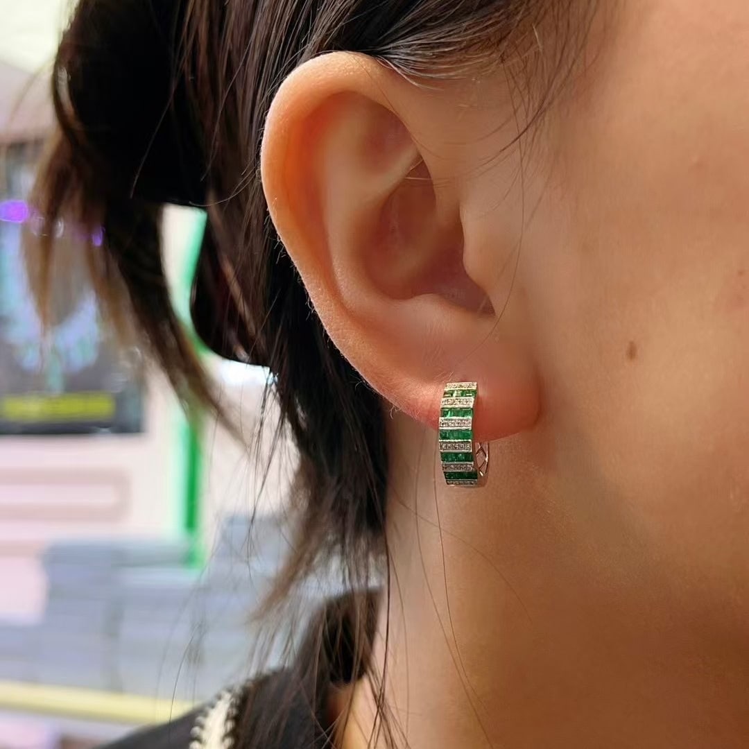 14k Gold 1.30 Ct Natural Emerald & Diamond Earrings - 5