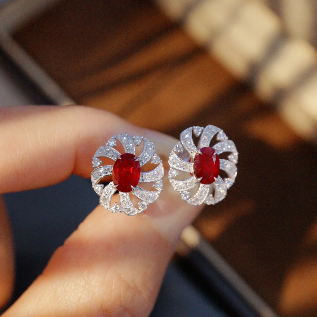 14k Gold 1.74 Ctw Vivid Red Natural Ruby & Diamond Earrings: Ref:231000379 // gold content:14k gold // main gemstone:ruby // shape:oval // carat weight:1. 35ct // color:vivid red // treatment:natural // // adjacent gemstone 2 : diamond // shape:round // carat