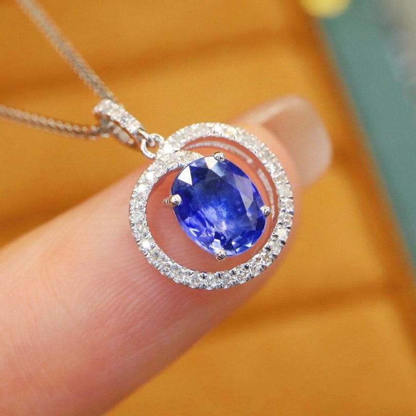 14k Gold 1.10 Ctw Natural Sapphire & Diamond Pendant( Without Chain ) - 2