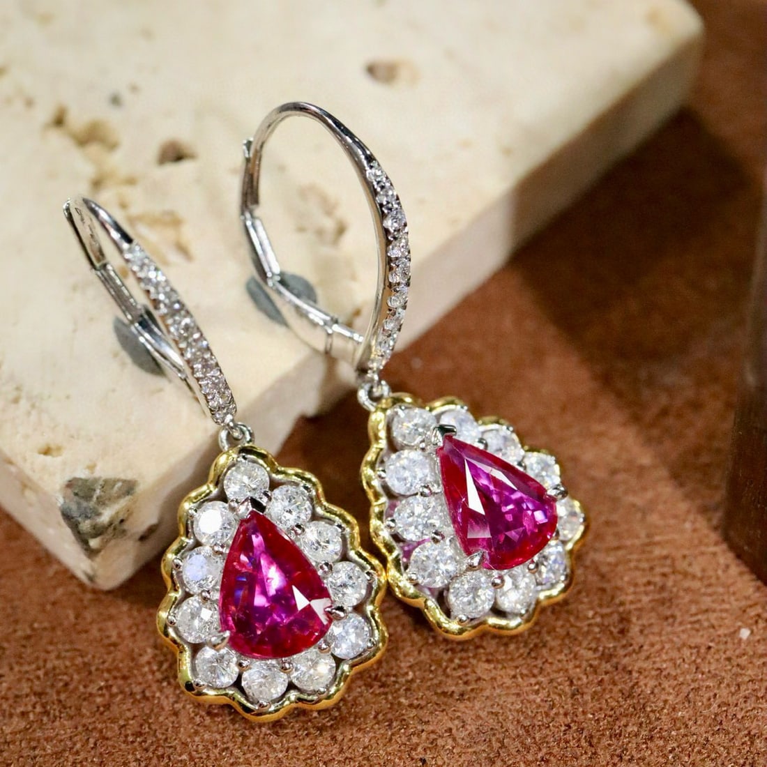 14k Gold 3.25 Ctw Natural Ruby & Diamond Earrings - 4
