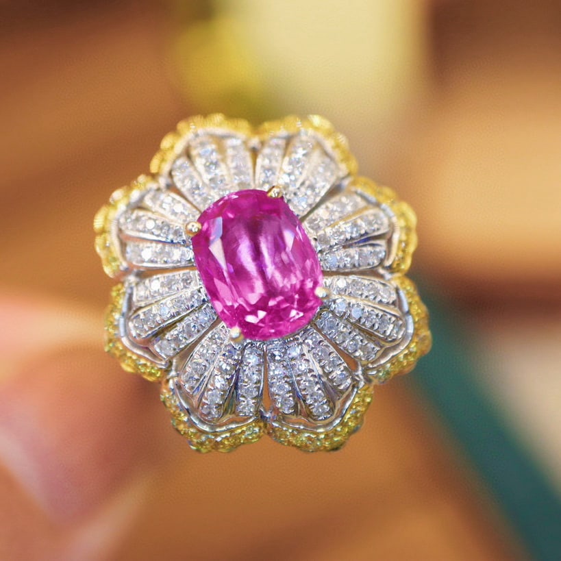 14k Gold 2.50 Ctw Natural Padparadscha Sapphire & Diamond Ring/pendant( Without Chain ): Ref:231000399 // gold content:14k gold // ring size:7. 25us // // main gemstone:padparadscha sapphire // shape:oval // carat weight:2. 02ct // color:orangish pink // treatment:natural // // adjacent