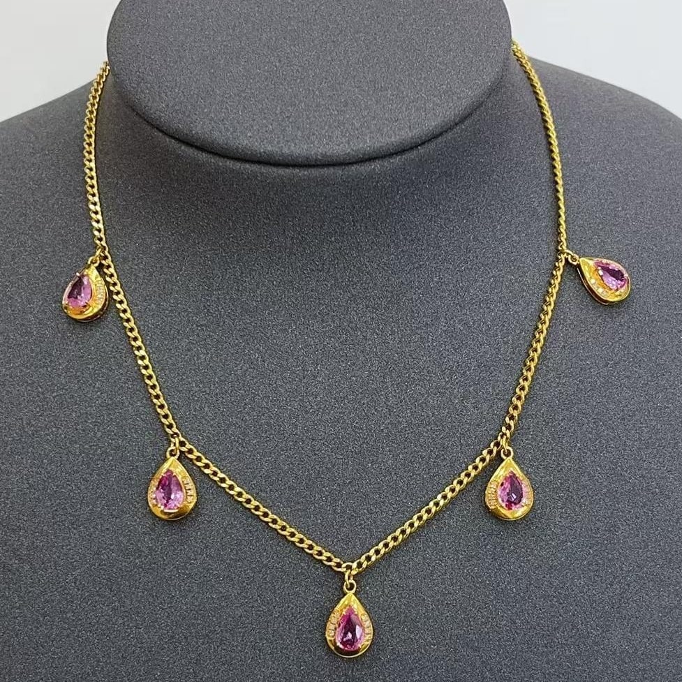 14k Gold 2.35 Ct Natural Padparadscha Sapphire & Diamond Necklace: Ref:231000400 // gold content:14k gold // main gemstone:padparadscha sapphire // shape:pear // carat weight:2. 35ct // color:orangish pink // treatment:natural // // adjacent gemstone 2 : diamond //