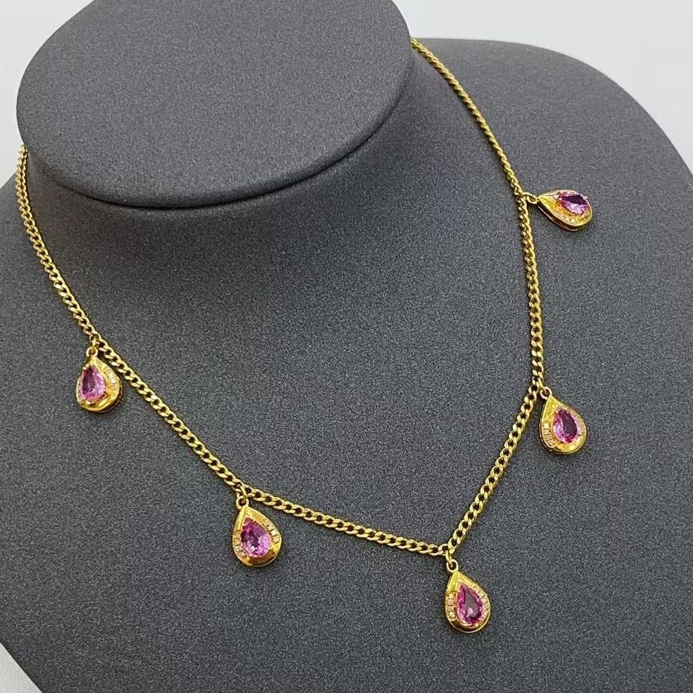 14k Gold 2.35 Ct Natural Padparadscha Sapphire & Diamond Necklace - 2