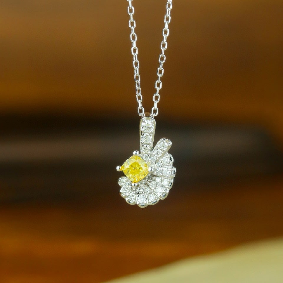 14k Gold 0.37 Ctw Natural Yellow Diamond & Diamond Pendant( Without Chain ): Ref:231000413 // gold content:14k gold // main gemstone:yellow diamond // shape:cushion // carat weight:0. 24ct // color:yellow // treatment:natural // // adjacent gemstone 2 : diamond // shape:round