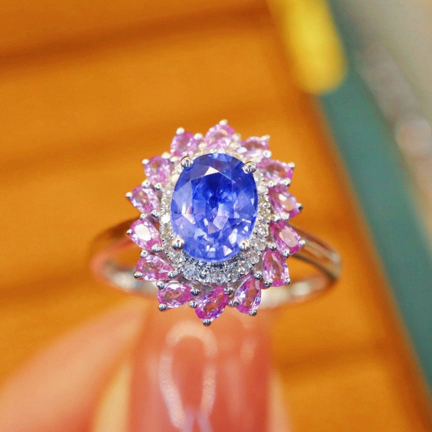 14k Gold 1.92 Ctw Natural Sapphire & Sapphire Ring: Ref:231000419 // gold content:14k gold // ring size:7. 25us // // main gemstone:sapphire // shape:oval // carat weight:1. 32ct // color:cornflower blue // treatment:natural // // adjacent gemstone 2