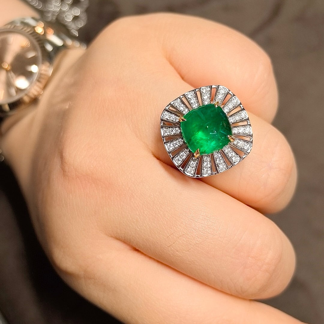 14k Gold 5.46 Ctw Vivid Green Natural Emerald & Diamond Ring/pendant( Without Chain ) - 4