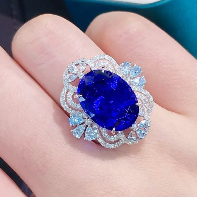 14k Gold 13.36 Ctw Natural Tanzanite & Aquamarine Ring - 4