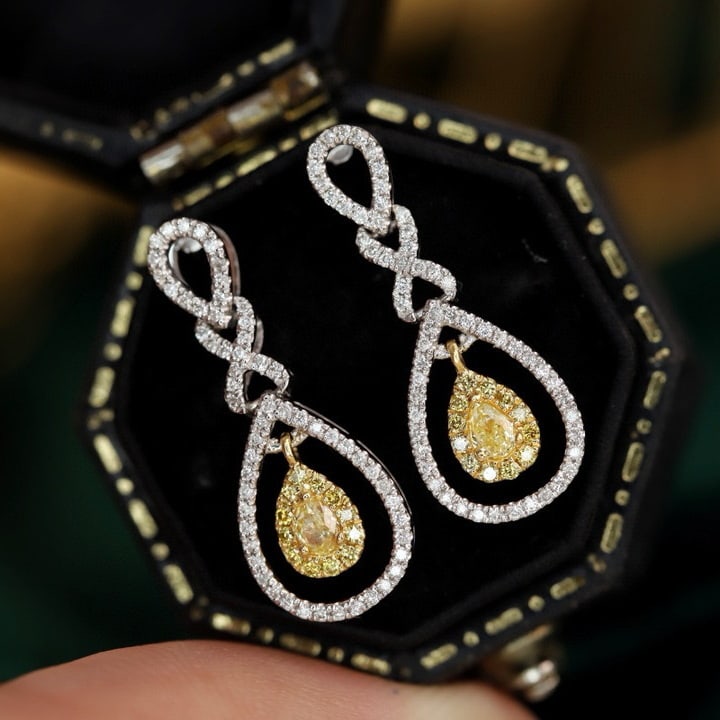 14k Gold 1.0 Ctw Natural Yellow Diamond & Diamond Earrings - 2