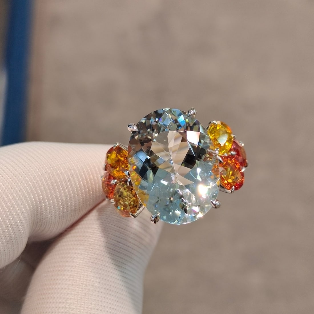14k Gold 11.79 Ctw Natural Aquamarine & Sapphire Ring: Ref:231001038 // gold content:14k gold // ring size:7. 25us // // main gemstone:aquamarine // shape:oval // carat weight:8. 12ct // color:blue // treatment:natural // // adjacent gemstone 2 :