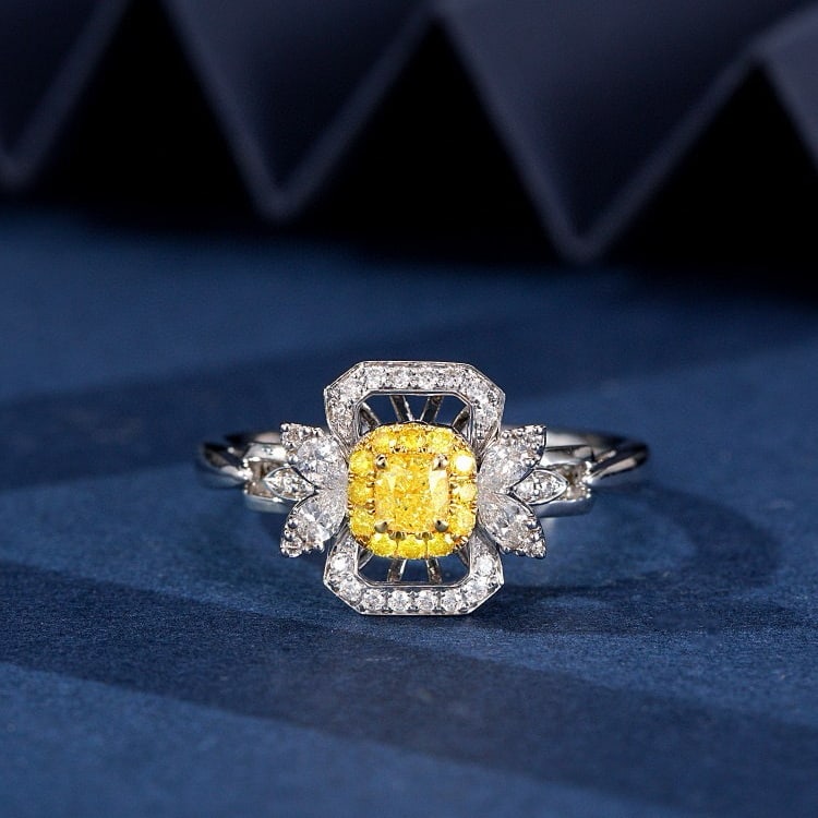 14k Gold 0.58 Ctw Natural Yellow Diamond & Diamond Ring: Ref:231001042 // gold content:14k gold // ring size:7. 25us // // main gemstone:yellow diamond // shape:cushion // carat weight:0. 23ct // color:yellow // treatment:natural // // adjacent gemstone 2