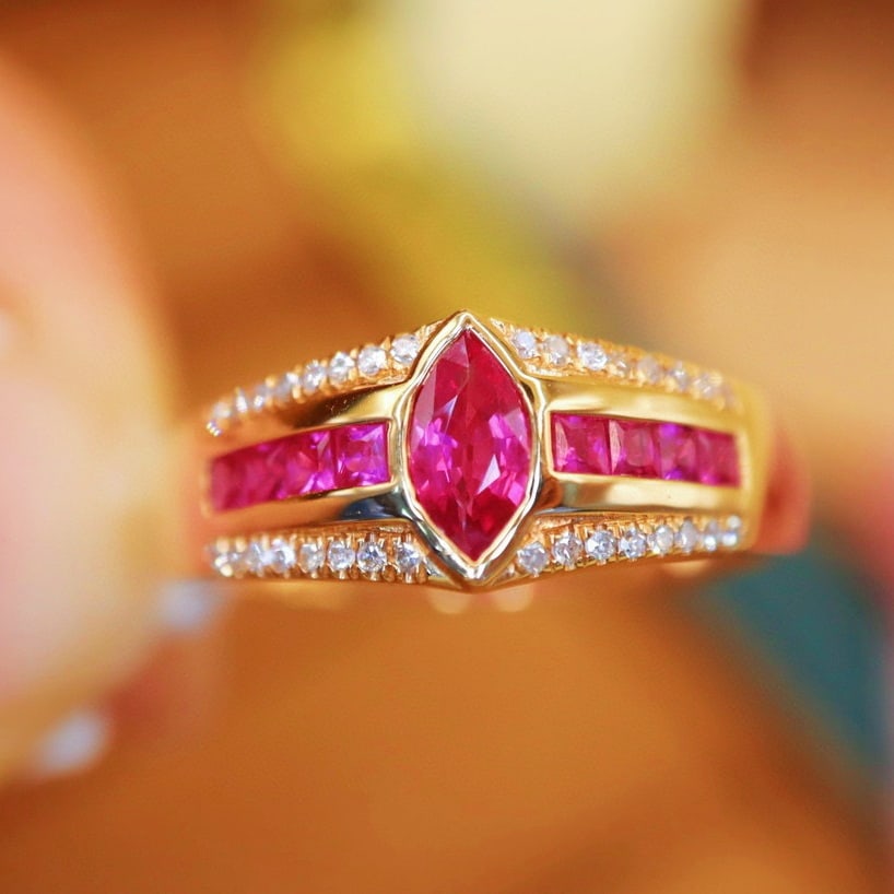 14k Gold 0.65 Ctw Natural Ruby & Diamond Ring: Ref:231001050 // gold content:14k gold // ring size:7. 25us // // main gemstone:ruby // shape:multiply // carat weight:0. 56ct // color:red // treatment:natural // // adjacent gemstone 2 : diamond //