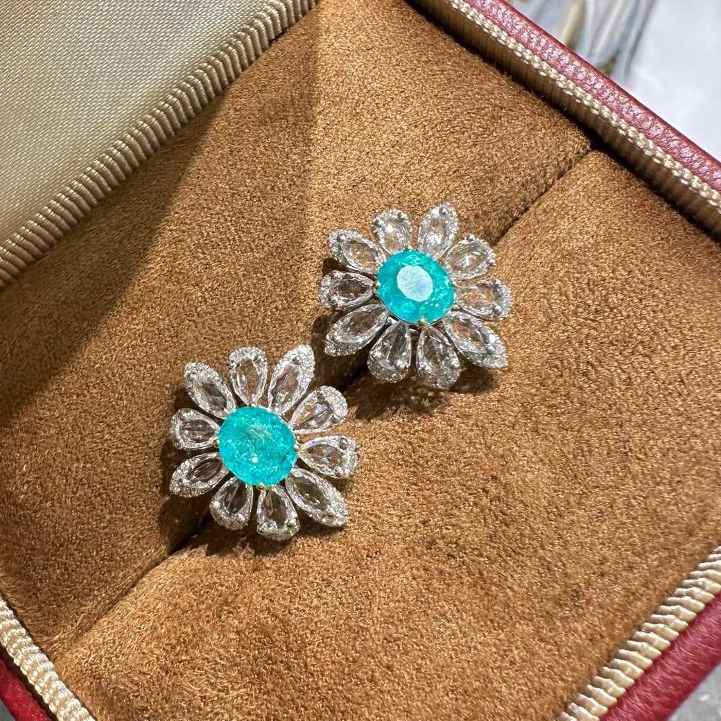 14k Gold 1.3 Ct Natural Paraiba Tourmaline & Sapphire & Diamond Earrings: Ref:231001064 // gold content:14k gold // main gemstone:paraiba tourmaline // shape:oval // carat weight:1. 3ct // color:neon blue // treatment:natural // // adjacent gemstone 2 : sapphire //