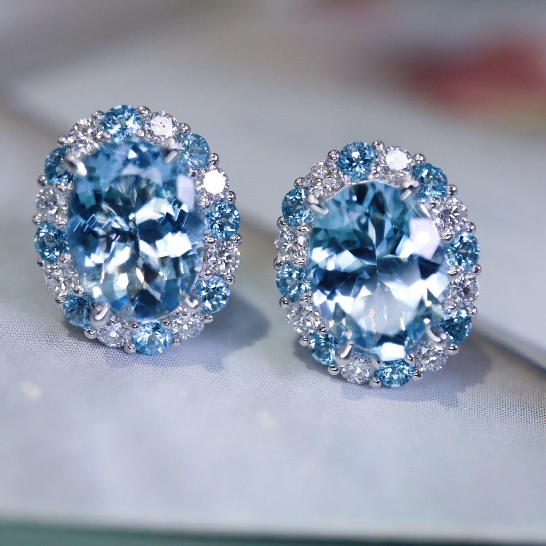 14k Gold 2 Ct Natural Aquamarine & Diamond & Topaz Earrings - 3