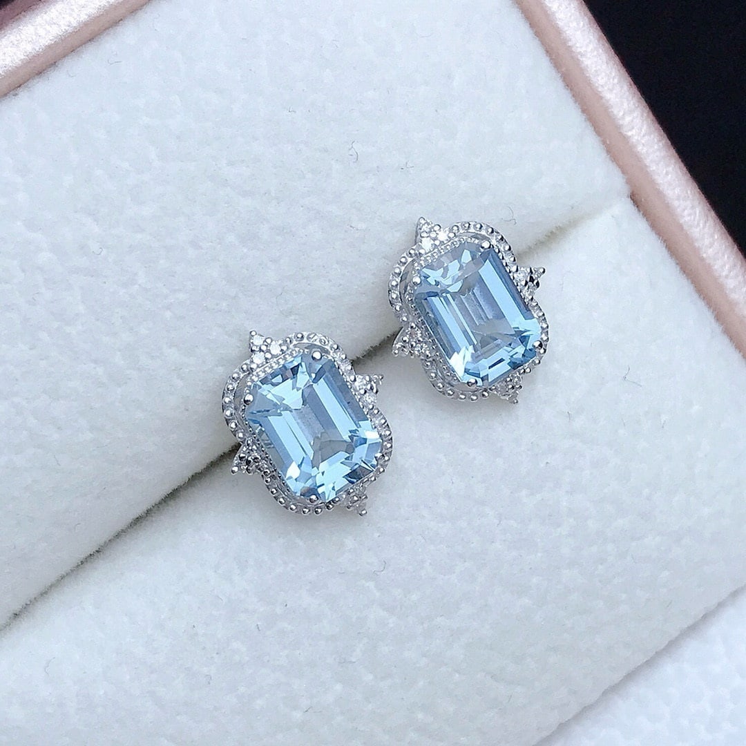 14k Gold 1.55 Ct Natural Aquamarine & Diamond Earrings - 2