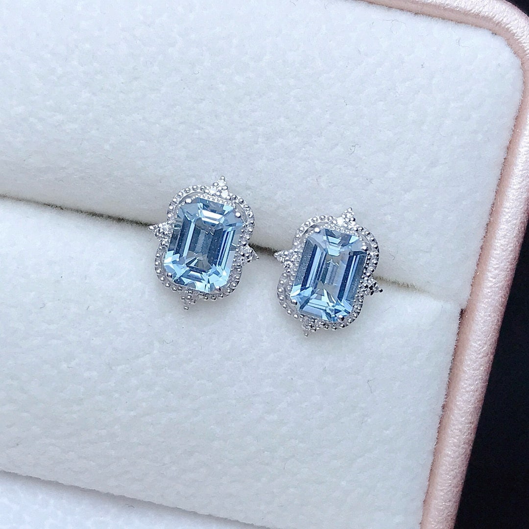 14k Gold 1.55 Ct Natural Aquamarine & Diamond Earrings - 3