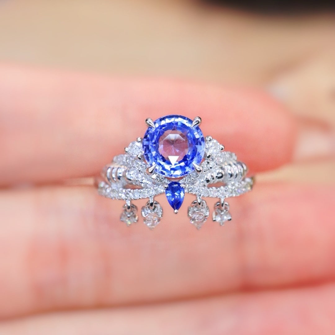 14k Gold 1.78 Ctw Natural Sapphire & Diamond Ring: Ref:231001081 // gold content:14k gold // ring size:7. 25us // // main gemstone:sapphire // shape:round & pear // carat weight:1. 55ct // color:blue // treatment:natural // cut grade:g // // adjacent