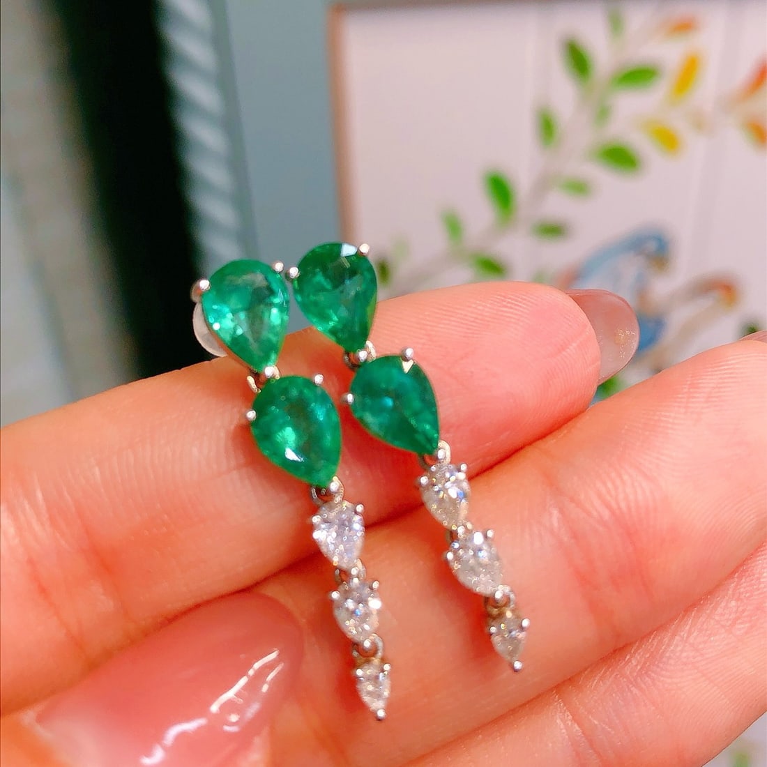 14k Gold 4.6 Ctw Natural Emerald & Diamond Earrings - 5