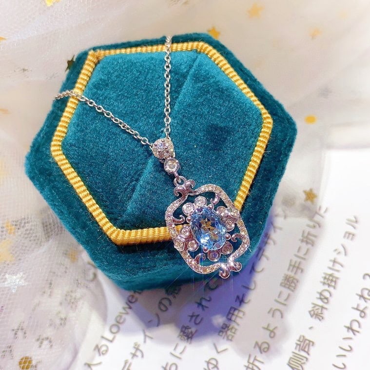 14k Gold 0.7 Ct Natural Aquamarine & Diamond Necklace - 5