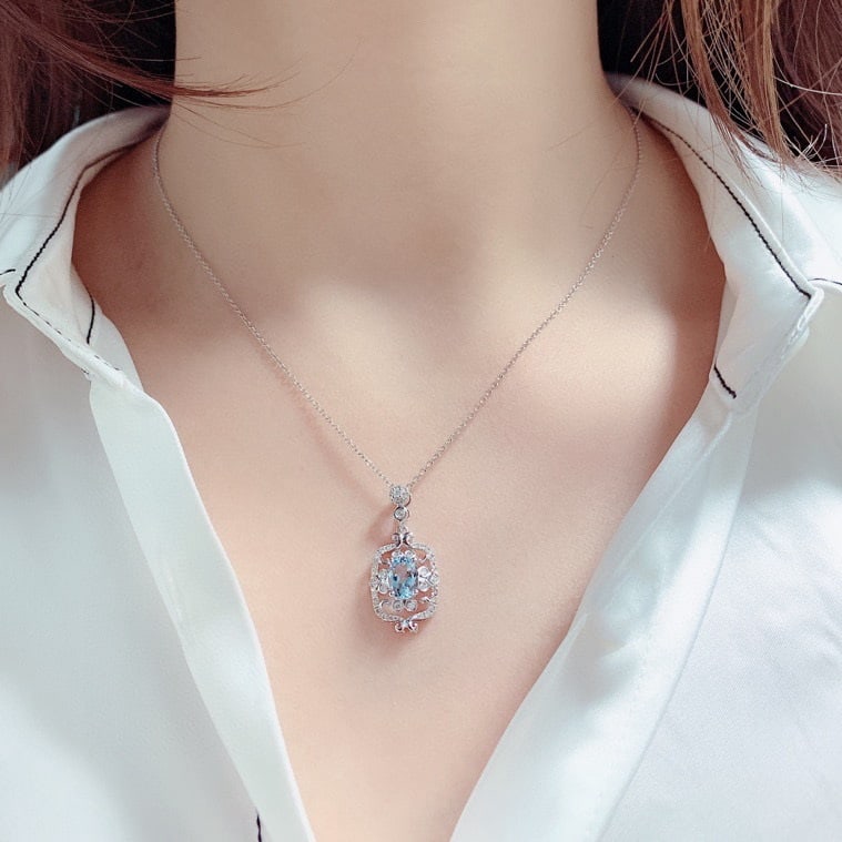 14k Gold 0.7 Ct Natural Aquamarine & Diamond Necklace - 6