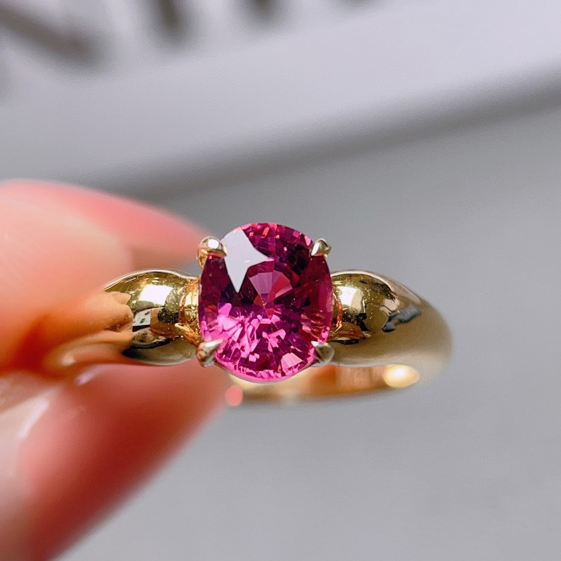 14k Gold 1.32 Ct Natural Tourmaline Ring: Ref:231001106 // gold content:14k gold // ring size:7. 25us // // main gemstone:tourmaline // shape:oval // carat weight:1. 32ct // color:pink // treatment:natural // Condition: New Low Estimate:
