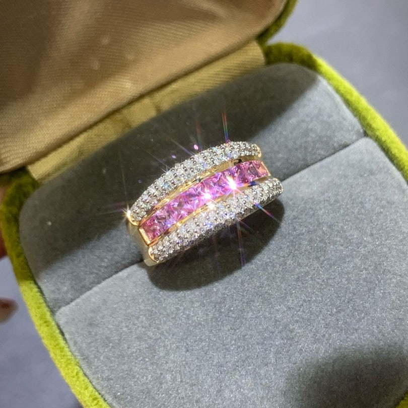 14k Gold 1.54 Ctw Natural Sapphire & Diamond Ring: Ref:231001176 // gold content:14k gold // ring size:7. 25us // // main gemstone:sapphire // shape:princess // carat weight:0. 95ct // color:pink // treatment:natural // // adjacent gemstone 2 :